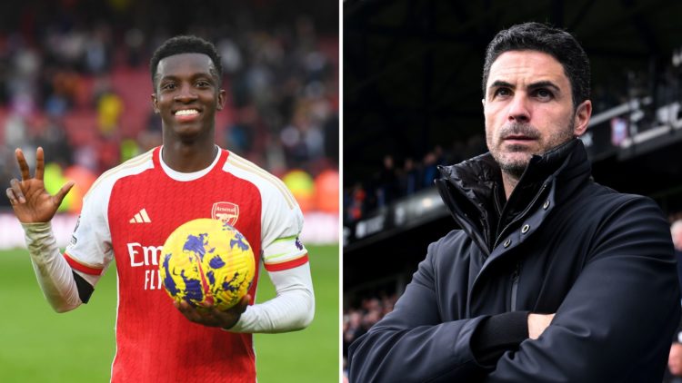 Split Image of: Mikel Arteta, Manager of Arsenal, looks on during the Premier League match between Ipswich Town FC and Arsenal, Eddie Nketiah of Ar...