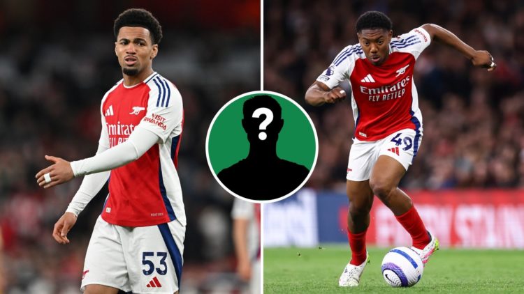 Split Image of: Ethan Nwaneri of Arsenal during the Premier League match between Arsenal FC and Crystal Palace, Myles Lewis-Skelly of Arsenal durin...