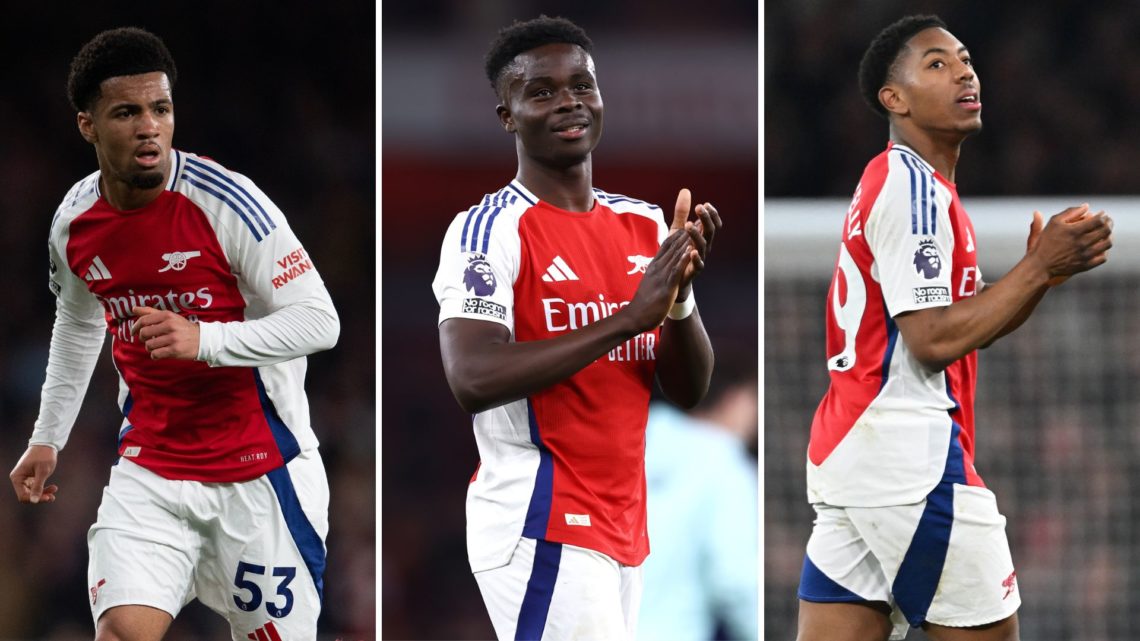 A split image of Arsenal stars Ethan Nwaneri, Bukayo Saka and Myles Lewis-Skelly during a match.