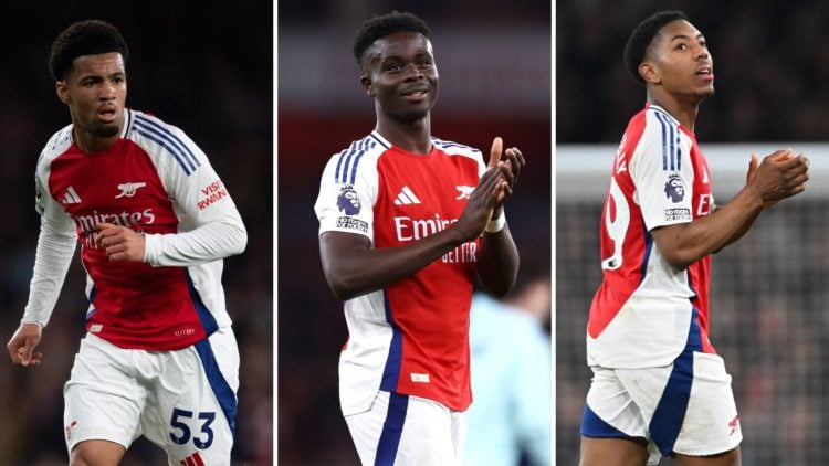 A split image of Arsenal stars Ethan Nwaneri, Bukayo Saka and Myles Lewis-Skelly during a match.