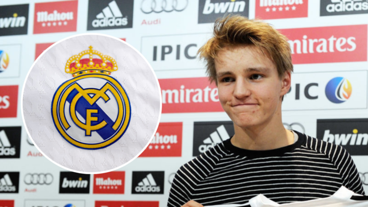 Image of Martin Odegaard during his Real Madrid presentation with an inset of the Real Madrid badge