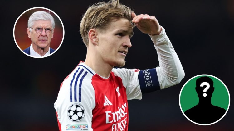 Image of: Martin Odegaard of Arsenal at full time during the UEFA Champions League 2024/25 Quarter Final First Leg match between Arsenal FC and Rea...