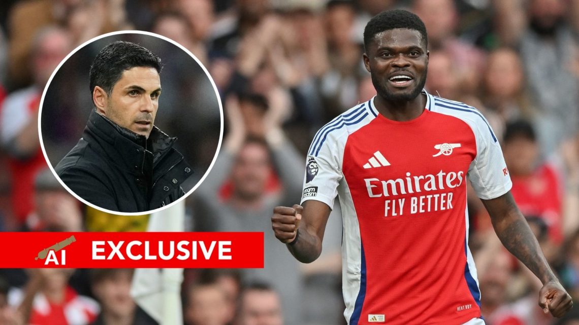 An image featuring Mikel Arteta in an inset alongside an image of Arsenal midfielder Thomas Partey.
