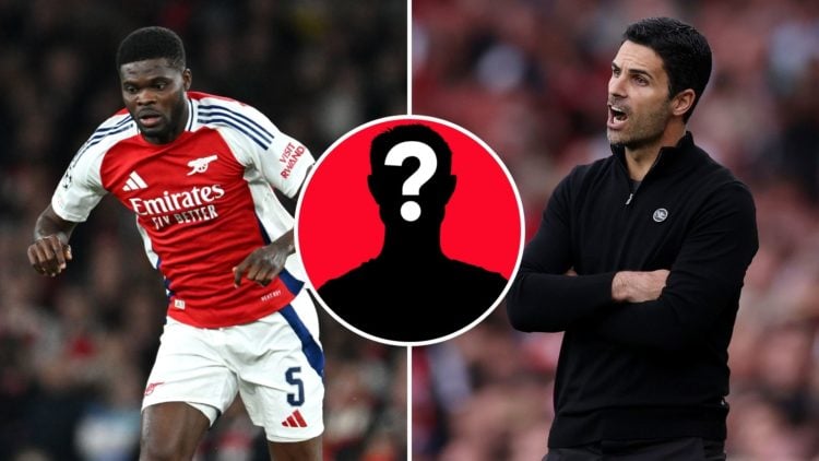 A split image featuring Arsenal midfielder Thomas Partey and manager Mikel Arteta.
