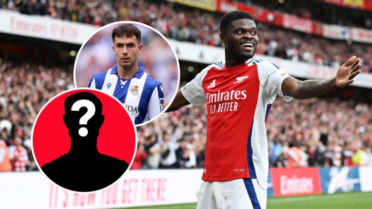 An image featuring Martin Zubimendi, a mystery player and Arsenal midfielder Thomas Partey.