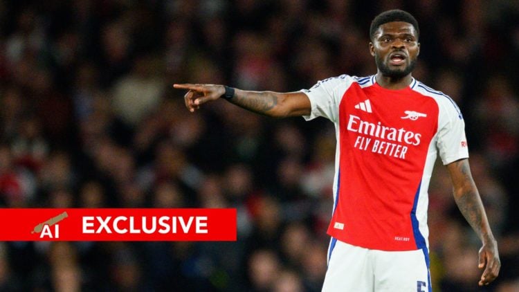 An image featuring Arsenal midfielder Thomas Partey pointing during a match