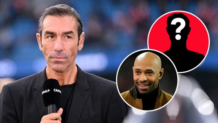 Former Arsenal player, Robert Pires talks on Canal Plus prior to the Premier League match. Inset, Thierry Henry and a mystery player.