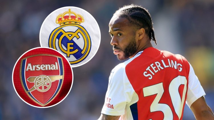 An image featuring Raheem Sterling alongside an Arsenal and Real Madrid badge.