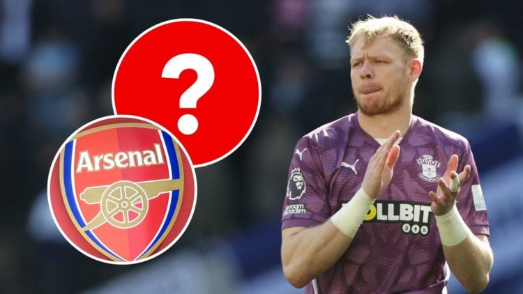 A split image featuring Aaron Ramsdale and the Arsenal badge.