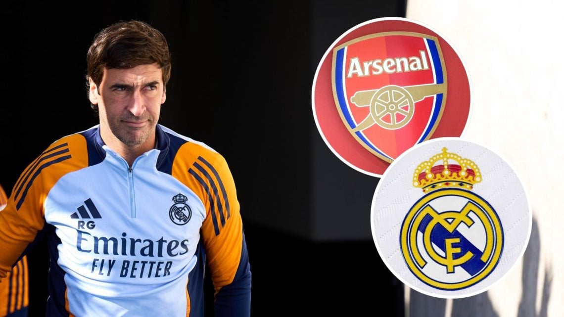 A split image featuring Raul, an Arsenal badge and a Real Madrid crest.