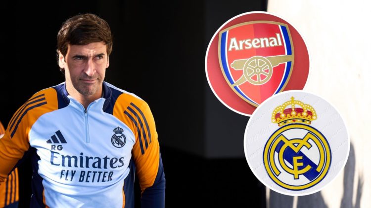 A split image featuring Raul, an Arsenal badge and a Real Madrid crest.