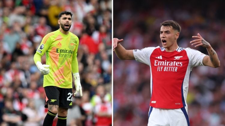Split Image of: David Raya of Arsenal gives the team instructions during the Premier League match between Arsenal FC and Brentford FC, Jakub Kiwior...