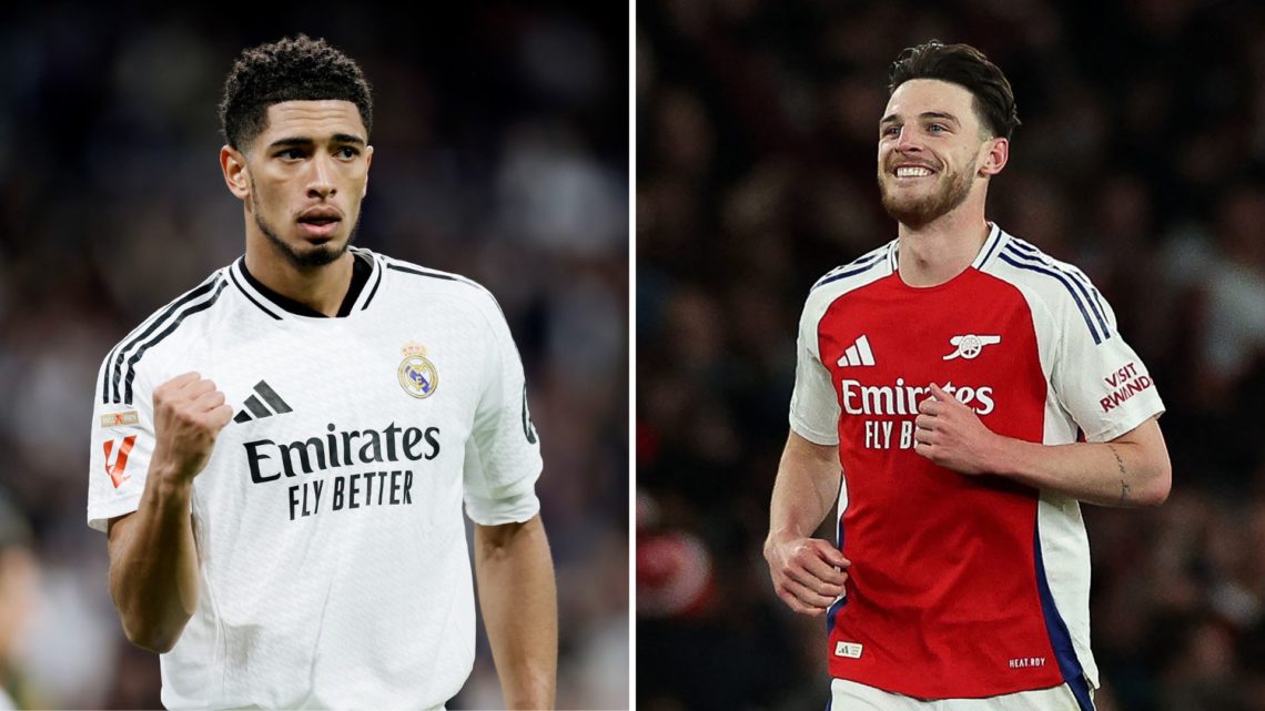 A split image featuring Real Madrid midfielder Jude Bellingham and Arsenal player Declan Rice