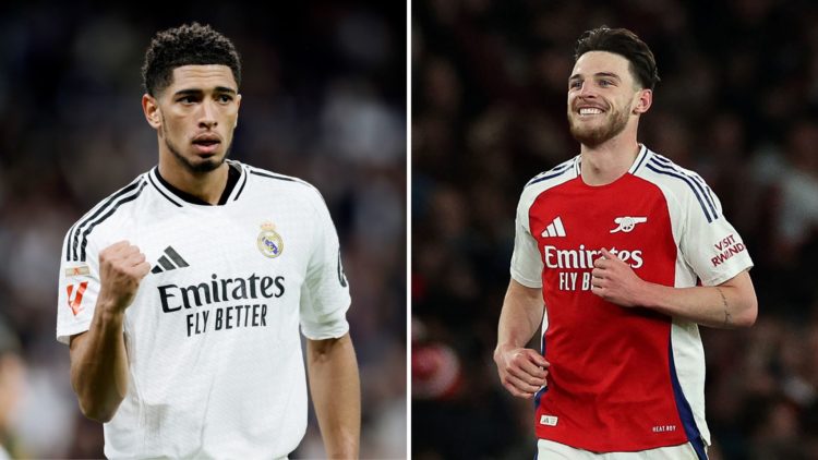 A split image featuring Real Madrid midfielder Jude Bellingham and Arsenal player Declan Rice