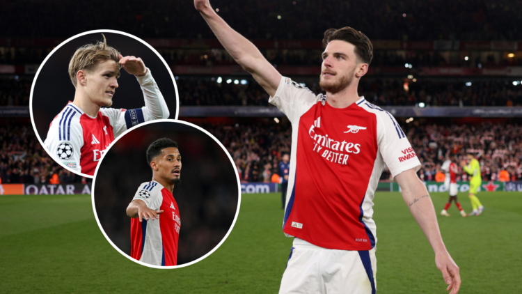 An image of Arsenal star Declan Rice celebrating with insets of Martin Odegaard and William Saliba during the game against Real Madrid