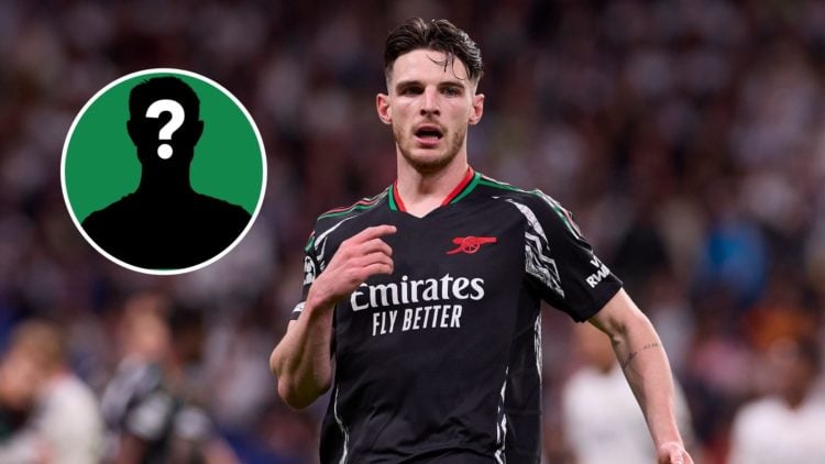 Image of: Declan Rice of Arsenal FC seen in action during the UEFA Champions League 2024/25 Quarter Final Second Leg match between Real Madrid CF a...