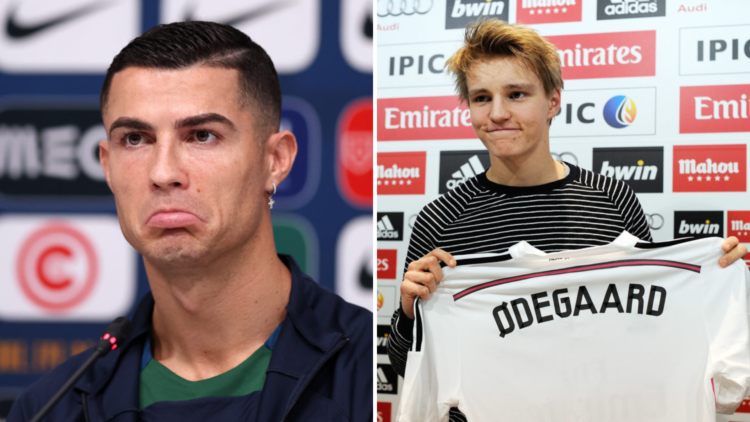 Split image of (L) Cristiano Ronaldo in a press conference and (R) Martin Odegaard when he signed for Real Madrid
