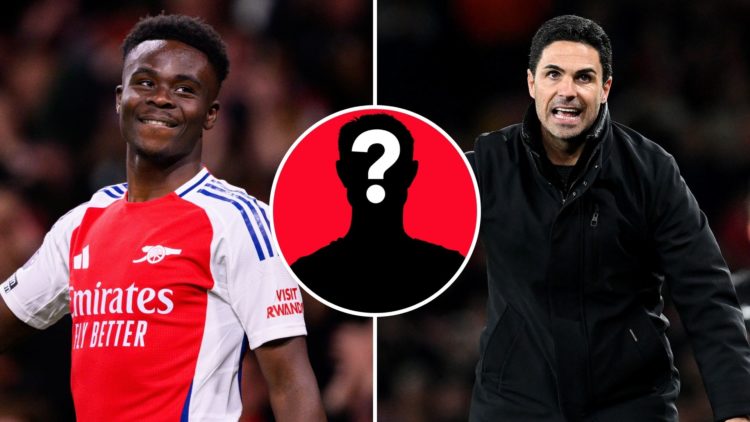 A split image featuring Arsenal star Bukayo Saka, Mikel Arteta and an inset of a mystery player