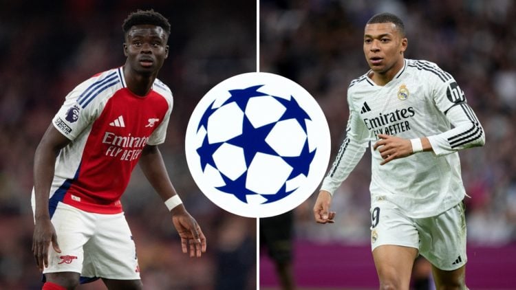 A split image featuring Bukayo Saka, Kylian Mbappe and the Champions League logo.