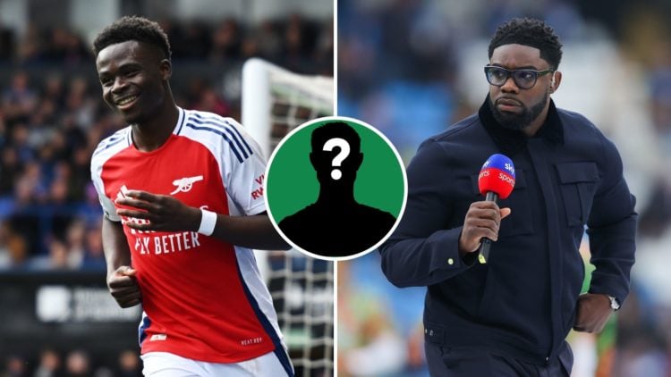 Split Image of: Micah Richards during the Premier League match between Manchester City FC and Arsenal FC, Bukayo Saka of Arsenal reacts during the ...