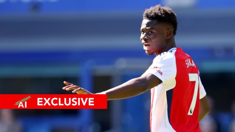 An image featuring Arsenal star Bukayo Saka gesturing during a match.