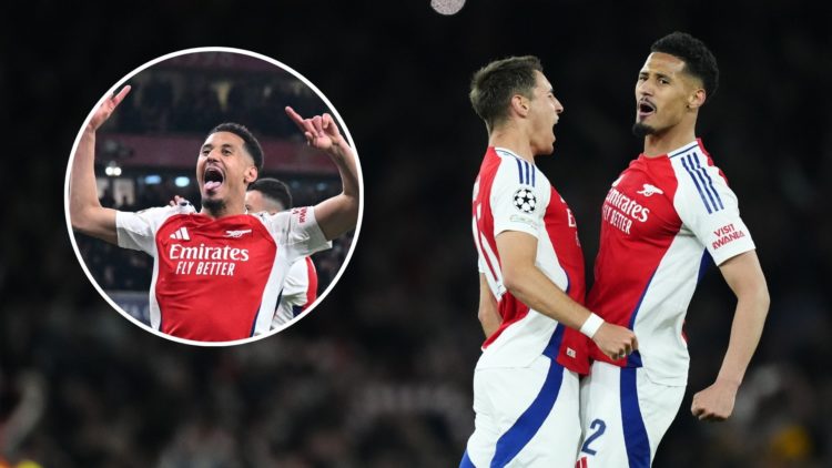 A split image featuring William Saliba celebrating for Arsenal against Real Madrid