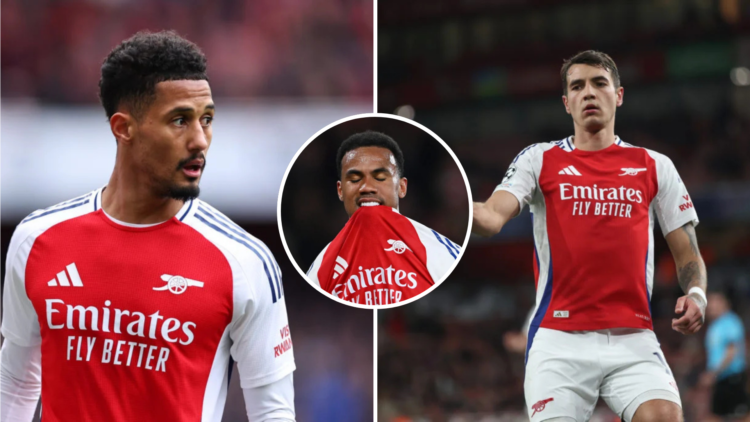 A split image of William Saliba and Jakub Kiwior playing for Arsenal with a central inset of Gabriel Magalhaes looking dejected after getting injured