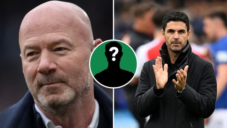 Split Image of: Alan Shearer, former footballer for Newcastle United, looks on prior to the Premier League match between Newcastle United FC and Ma...
