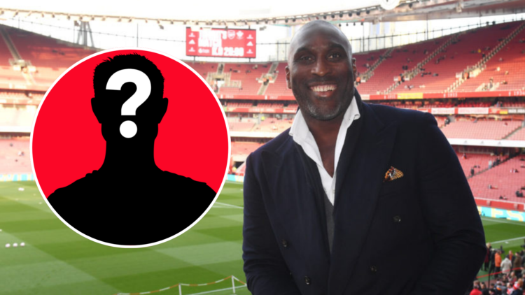 Image of Sol Campbell posing for a picture at Arsenal's Emirates Stadium with a mystery player inset