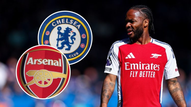 A split image featuring an Arsenal badge, Chelsea clash and Raheem Sterling