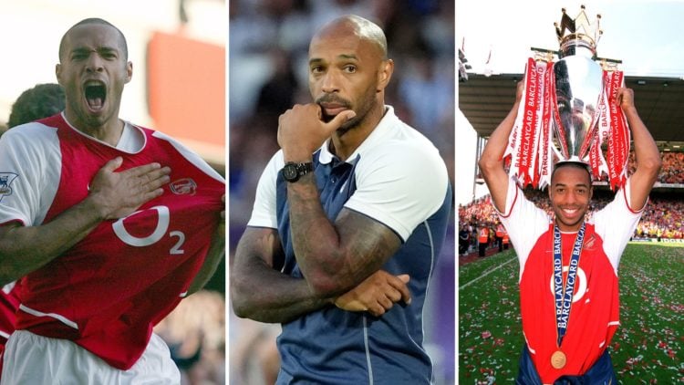 A split image featuring Arsenal legend Thierry Henry celebrating.