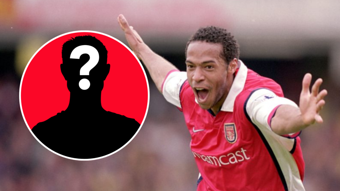 Image of Thierry Henry celebrating in an Arsenal game with an inset of a mystery player