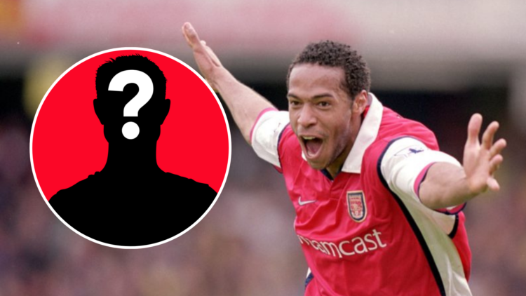 Image of Thierry Henry celebrating in an Arsenal game with an inset of a mystery player