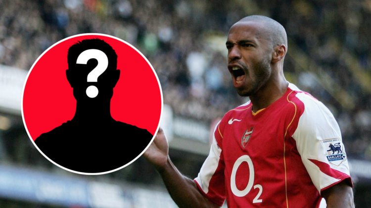 Image of Thierry Henry celebrating an Arsenal goal with an inset of a mystery player