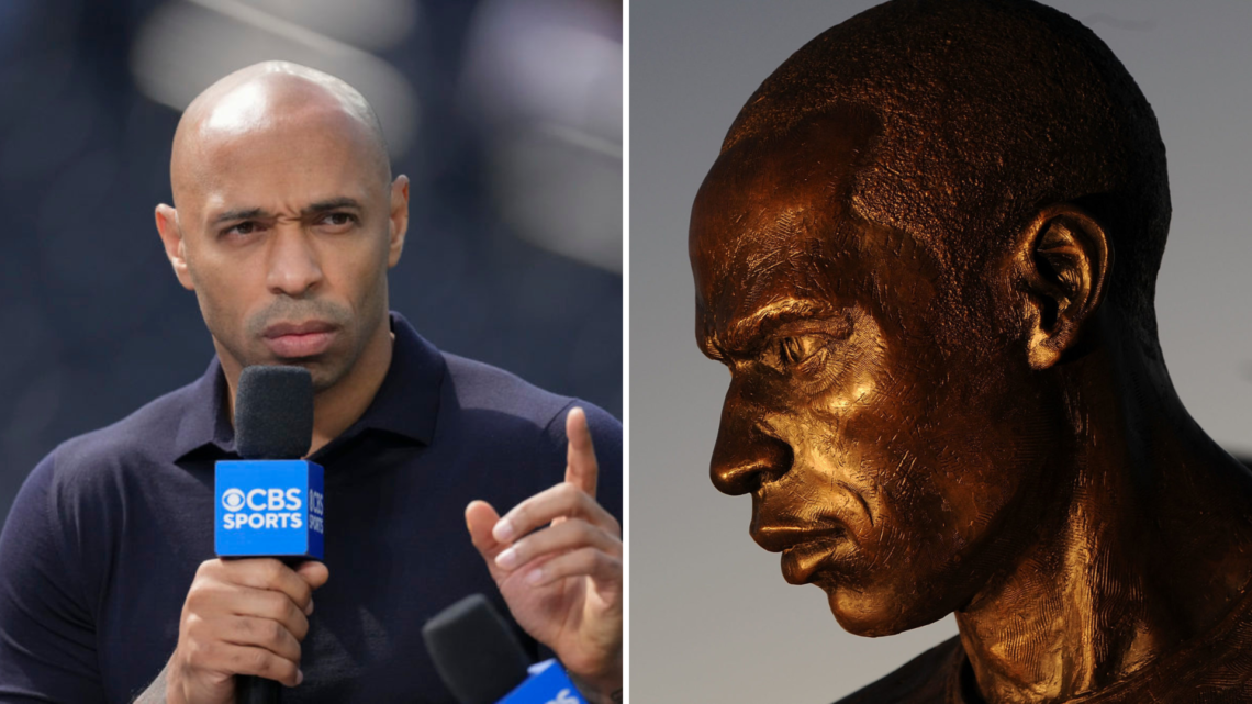 Split image of (L) Thierry Henry and (R) a close up of his statue outside the Emirates Stadium