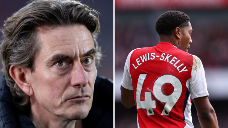 Split image of (L) Brentford manager Thomas Frank during a game and (R) Myles Lewis-Skelly playing for Arsenal