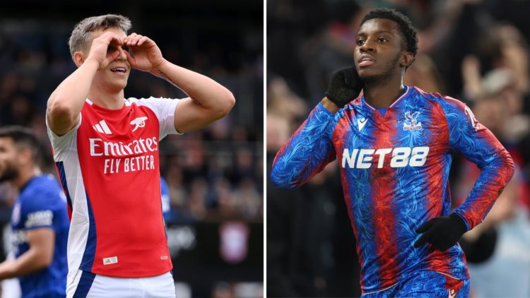 A split image featuring Arsenal's Leandro Trossard and Crystal Palace star Eddie Nketiah.