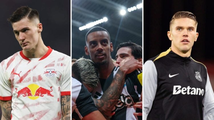 Three-way split image of (L) Benjamin Sesko playing for RB Leipzig, (C) Alexander Isak celebrating a goal for Newcastle and (R) Viktor Gyokeres pla...