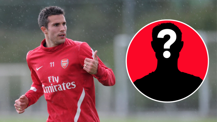 Image of Robin van Persie during an Arsenal training session with an inset of a mystery player