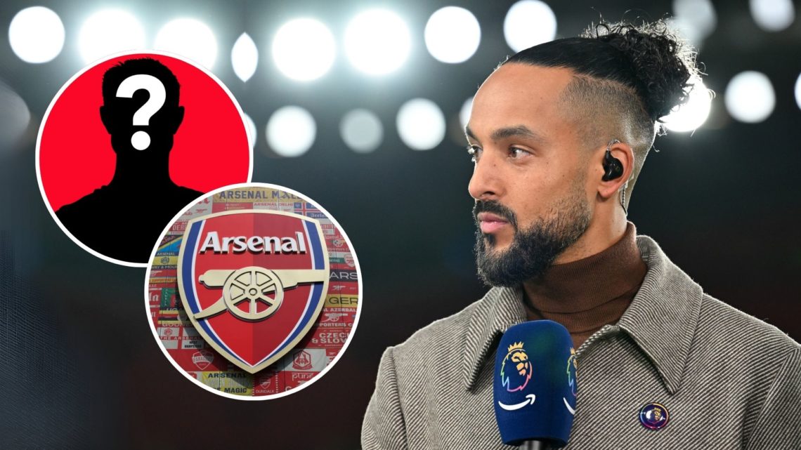 Ex Arsenal player Theo Walcott before the Premier League match between Arsenal FC and Manchester United FC. Inset, the Arsenal badge and a mystery ...
