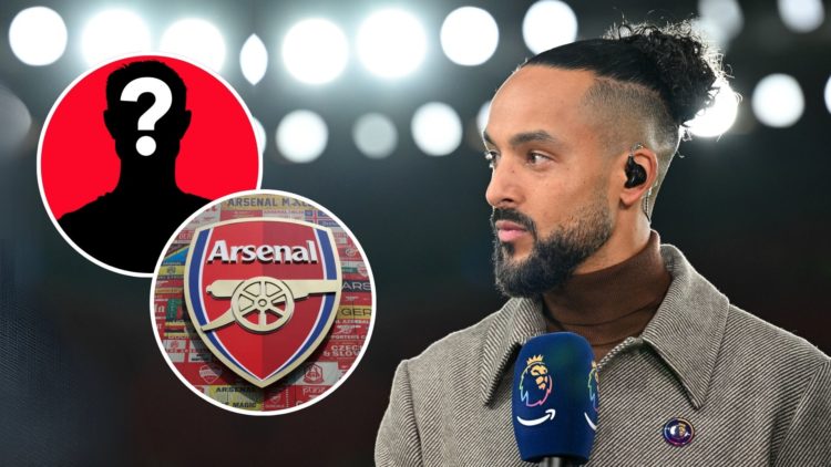 Ex Arsenal player Theo Walcott before the Premier League match between Arsenal FC and Manchester United FC. Inset, the Arsenal badge and a mystery ...