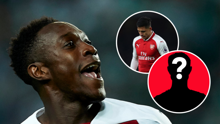 Image of Danny Welbeck celebrating a goal at Arsenal with insets of Alexis Sanchez looking dejected and a mystery player.
