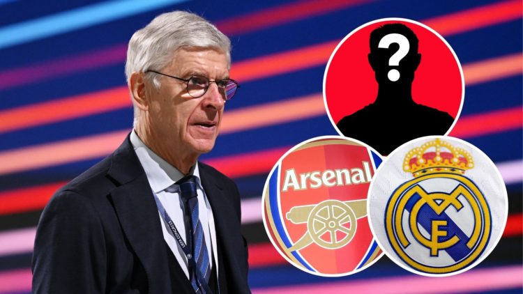 An image featuring Arsene Wenger and three insets featuring the Arsenal badge, Real Madrid logo and mystery player.