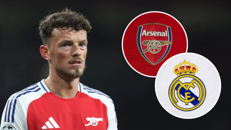 Image of Arsenal defender Ben White looking on with insets of the Arsenal and Real Madrid badges