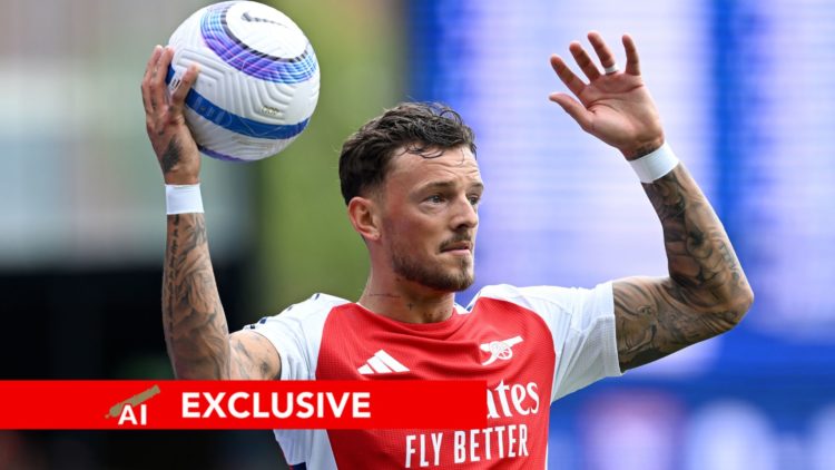 Image of: Ben White of Arsenal takes a throw in during the Premier League match between Ipswich Town FC and Arsenal