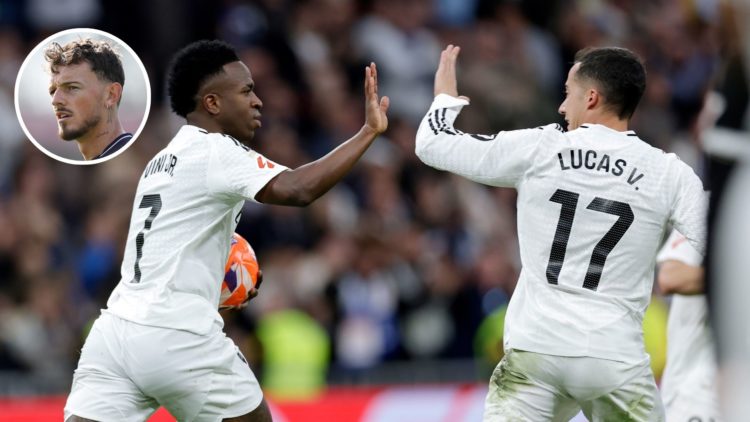 Image of: Vinicius Junior of Real Madrid celebrates 1-1 with Lucas Vazquez of Real Madrid during the LaLiga EA Sports match between Real Madrid v V...