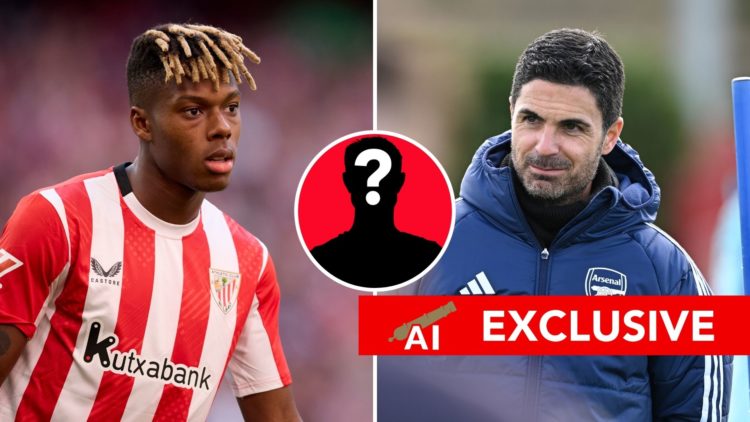 Split image of Mikel Arteta at a training session, and Nico Williams of Athletic Club during the LaLiga EA Sports match. Inset, a mystery player.