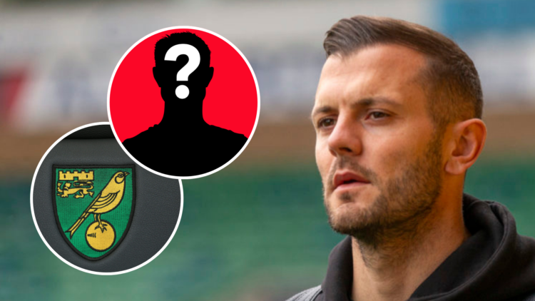 Image of Jack Wilshere looking on with insets of the Norwich City FC badge and a mystery player.