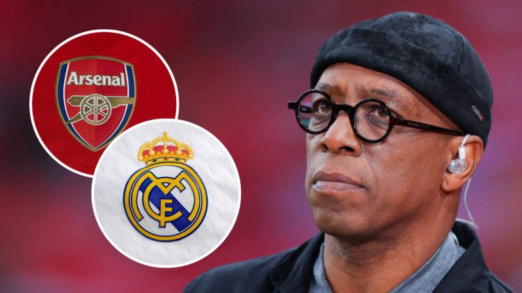 Image of Ian Wright looking on with insets of the Arsenal and Real Madrid badges