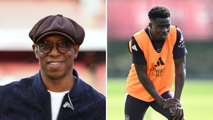 A split image featuring Ian Wright and Bukayo Saka in Arsenal training.